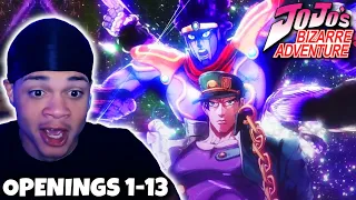 NON JOJO FAN REACTS TO JoJo's Bizarre Adventure Openings 1-13 REACTION!!