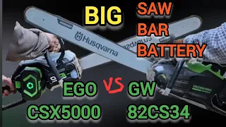 Fastest most powerful battery chainsaws Greenworks 82CS34 vs Ego CSX5000 w big bars and batteries