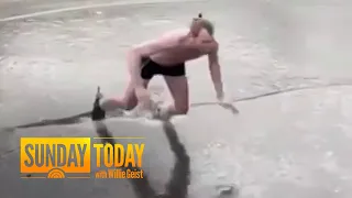 Shirtless Ice Skater In Amsterdam Falls Face First Through Frozen Canal | Sunday TODAY