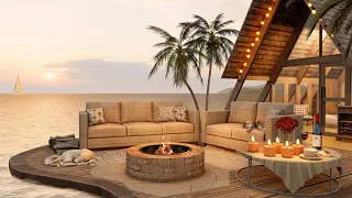 Cozy Beach Cottage Terrace in Summer Ambience with Relaxing Sea Waves, Crickets & Fireplace Sounds