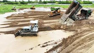 Viral Operator​ Huge Sand Filling Up More Bulldozer And Dump Truck Moving Unloading Sand In Water