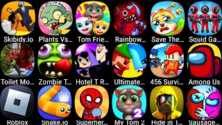 456 survival But It's Prison,Toilet Monster Survival,My Talking Tom 2,Save The Doge,Roblox,Among Us