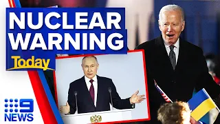 Putin delivers major nuclear warning as Biden delivers speech in Poland | 9 News Australia