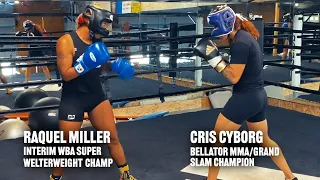 Boxing Champion Raquel Miller and Bellator MMA Champ Cris Cyborg go hard in sparring session.