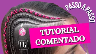 como fazer TRANÇA NAGÔ - EMBUTIDA INVERTIDA + fio de cetim e pingentes •• female hairstyle DIY