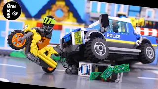 Lego Crazy Robbery Bank ATM Heist Police Chase Catch the Crooks Stop Motion Animation Motor Bike Ice