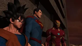 Goku Superman and Ironman talk with Thanos