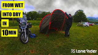 LoneRider MotoTent set up in the rain - Wet into Dry in 10 min in my  lonerider tent