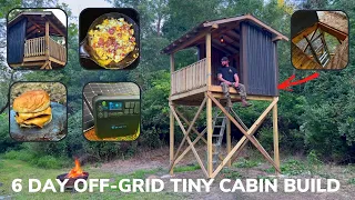 Solo 6 Day Overnight Building a DIY Elevated Off-Grid Tiny Cabin in the Woods and Tasty Burgers