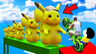 SHINCHAN AND FRANKLIN TRIED THE IMPOSSIBLE PIKACHU POKEMON MEGA RAMP MINNI PARKOUR CHALLENGE GTA 5