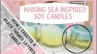 Making sea inspired soy candles with multiple ombré style layers and embeds.