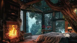 Cozy Bedroom atmosphere On Rainy Day | Crackling Fire and Raining Outside Help You Relax, Sleep 💤