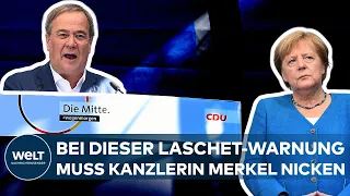 BUNDESTAGSWAHL 2021: Armin Laschet in Aachen - Bei dieser Warnung nickt Kanzlerin Merkel neben ihm