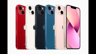 iPhone 13 color collection: Pink, Blue, Midnight, Starlight, RED.