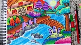 How to draw and color nature scenery with oil pastel Step by step