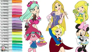 Coloring Book Compilation for Kids Trolls Disney Princess Minnie Mouse Shopkins DC Super Hero Girls