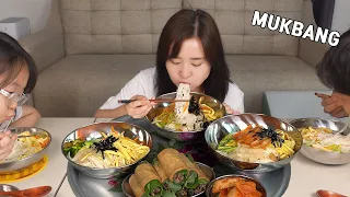 Cooking Mukbang:) Vegetable noodles and fried tofu sushi, sweet watermelon for dessert.