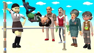 Scary Teacher 3D vs Squid Draw Numbers and Pole Jump 5 times challenge MissT and Nick Win