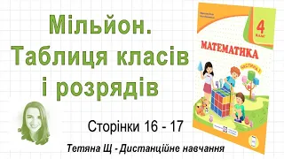 Мільйон. Таблиця класів і розрядів (стор.  16-17). Математика 4 клас (Ч1), авт.: М. Козак та ін.