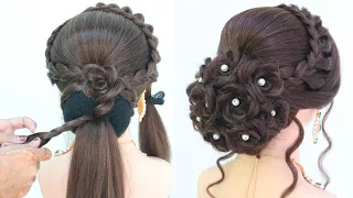 fashionable rose bun hairstyle for gown dress