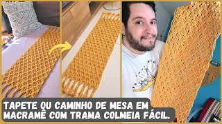 Tapete de macramê ou caminho de mesa em macramê - Trama colmeia em macramê fácil de fazer