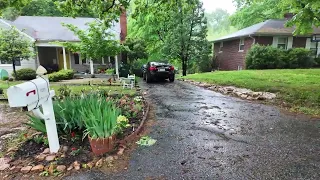 Rainy day walk in an American town neighborhood. Town of Farmville. Virginia. May 2024