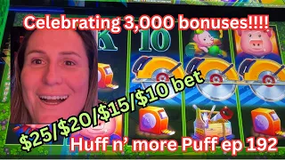 BIG Money IN-HUGE Money OUT! Jackpot Handpay! HIGH bet to chase down 3,000th Huff n more Puff bonus!