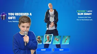 My 10 Year Old Kid Reaction To Me Gifting Him NEW EMINEM Fortnite Skin Bundle After School