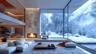 Relaxing Winter Jazz - Smooth Jazz at Cozy Living Room Ambience with Snowfall and Fireplace