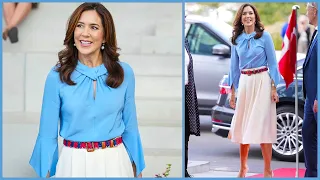 CROWN PRINCESS MARY CHIC IN BABY BLUE BLOUSE AND PRADA BELT FOR LATEST APPEARANCE