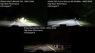 [High Beam] Philips RacingVision GT200, OSRAM NIGHT BREAKER 200, HIKARI 2023 Titanova LED