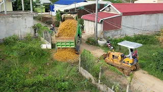 First New Project!! Komatsu Bulldozer D20P And Dump Truck 5T Pushing Rock Stone Fill Up Land