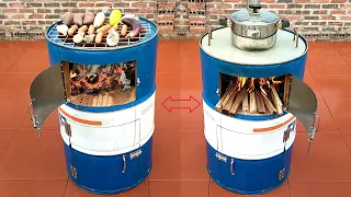 The idea of recycling non-iron barrels and cement into a multi-purpose grill
