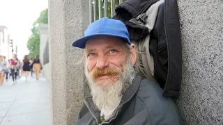 Homeless senior in Boston. David sleeps outside even in the winter.