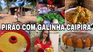 ALMOÇO CAIPIRA-PIRÃO COM FRANGO CAIPIRA NO FOGÃO DE LENHA -TUDO FRESQUINHO AQUI DA NOSSA ROÇA