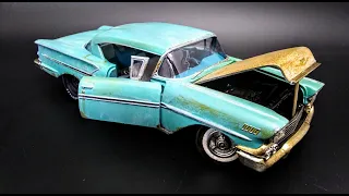 1958 Chevy Impala Sport Coupe 409 Ala Impala 1/25 Scale Model Kit Build How To Fade Rust Chip Chrome