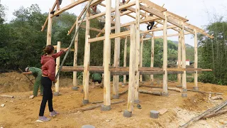 Villagers came to help the girl building wooden stilt house - Build a house live with nature