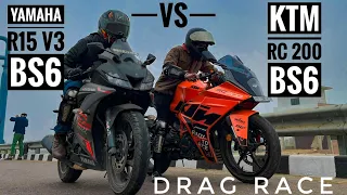 Brand new ktm rc200 bs6 2023 vs yamaha r15v3 bs6 || drag race|| long race|| ||ye kya hua 😰