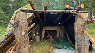 2 Days Bushcraft Camping in Rain - With fireplace onside