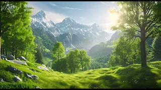 Relaxing Spring Meadow with Birds Chirping Ambient Nature Sounds, forest, and Mountain View 8 Hours