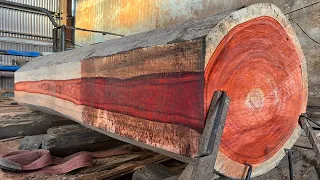 Sawn Red Incense Wood In The Factory - Raw Wood Products, Excellent Sawmill Extreme Techniques