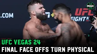 Jeremy Stephens shoves Drakkar Klose across stage as UFC Vegas 24 Final Face Offs turn physical