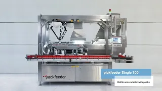 Robotic bottle unscrambler with pucks - pickFeeder SINGLE 100