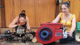 The genius girl repairs and restores Samdi 165F-3HP diesel engine damaged in many places