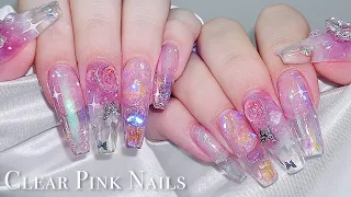 sub) Clear Pink Nails💖/🇰🇷Korean nail / Ice nail / Aurora Nail / nail tip extension / nailart / ASMR