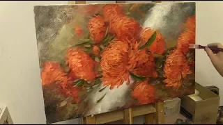 Оранжевые хризантемы.  Живопись маслом. Orange chrysanthemum. Как написать хризантемы.