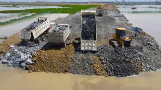 Best Activity Nice Project Build Road on Huge Lake by Operator Skill Bulldozer Spreading Stone