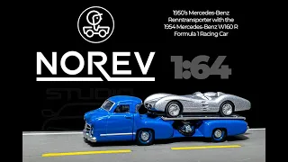 Norev Toys 1950's Mercedes-Benz Renntransporter & 1954 Mercedes-Benz W196 R Formula 1 race car 1:64