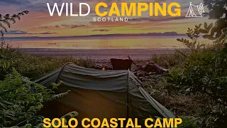 Wild camping Scotland. Solo coastal camp. Bushcraft cooking. Amazing sunset.