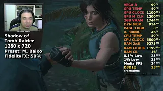 Athlon 3000G + VEGA 3 - Shadow of Tomb Raider (720p) 2x8GB (PC) Sem Placa de Vídeo